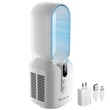 Imagem de Comfort Zone Ventilador de mesa recarregável sem lâminas para quarto e casa, 5 configurações de velocidade, tela de exibição, pés antiderrapantes, ideal para escritório em casa, operação silenciosa,