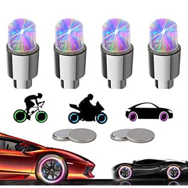Imagem de YUERWOVER Luzes de pneu LED para carro, pacote com 4 caminhões, tampas de haste de válvula, carrinho de golfe, luzes de roda de vaga-lume para bicicleta, motocicleta, raio de pneu, à prova d'água, para crianças e meninos com 10 baterias extras (coloridas)
