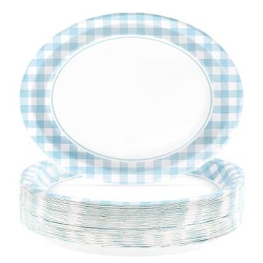 Imagem de 50 peças, pratos ovais de papel guingão azul, 25,4 x 30,5 cm, descartáveis, azul claro e branco, pratos de festa xadrez descartáveis, resistentes, para churrasco, reunião, piquenique, chá de bebê,