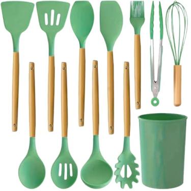 Imagem de Kit Utensílios Cozinha Silicone 12 Peças Cabo de Madeira Conjunto Resistente ao Calor Colher de Silicone para Cozinha Design Premium Confeitar Antiaderente Concha Espátula (Verde Escuro)