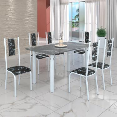 Imagem de Conjunto Sala De Jantar Mesa Tubo 140x75cm Tampo Pedra Granito C-6 Cadeiras Preto Floral-branco