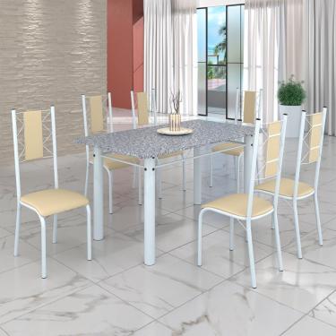 Imagem de Conjunto Sala De Jantar Bahia Mesa Tubo 140x75cm Tampo Pedra Granito Com 6 Cadeiras Creme-branco