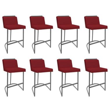 Imagem de Kit 08 Banquetas Com Encosto Confort Bistrô Cozinha Ferro Cinza Suede Vermelho Amey Decor