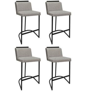 Imagem de Kit 04 Banquetas Com Encosto Nynna Luxo Confort Bistrô Cozinha Ferro Preto Linho Cru - Amey Decor