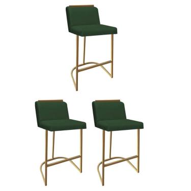 Imagem de Kit 03 Banquetas Com Encosto Confort Bistrô Cozinha Ferro Dourado Suede Verde Amey Decor