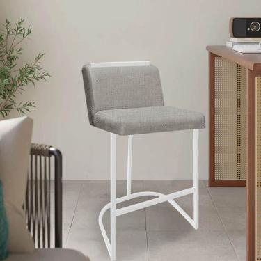 Imagem de Banqueta Com Encosto Nynna Luxo Confort Bistrô Cozinha Ferro Branco Linho Cru - Amey Decor
