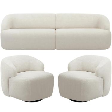 Imagem de Sofá 3 Lugares Curvo Orgânico Com 02 Poltronas Living 220cm Barolo L06 Bouclê Off White