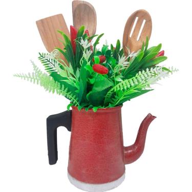 Imagem de Mini Vaso Regador Alumínio Com Arranja Artificial Vermelho