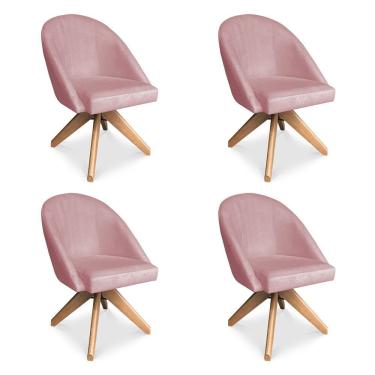 Imagem de Kit 04 Poltronas Cadeira Giratória Bela Veludo Rosê Base De Madeira - Pallazio