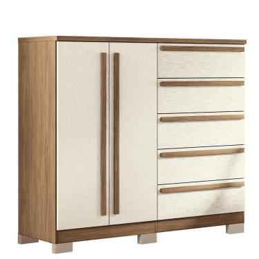 Imagem de Cômoda Málaga Gold 5 Gavetas MDF com Puxador em MDF Bege com Pés e 2 Portas Estilo Contemporâneo