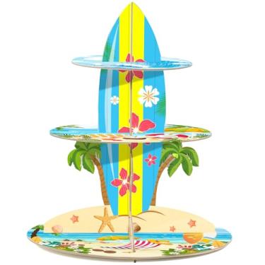Imagem de TEASIK Suporte de cupcake de 3 camadas para decorações de festa na praia – suprimentos de piscina tropical luau multicoloridos, suporte de bolo de aniversário com tema havaiano para chá de bebê, festa