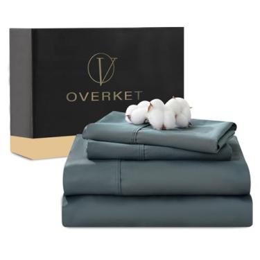 Imagem de Overket Jogo de lençóis de algodão egípcio de 1000 fios, tamanho Queen, 4 peças, trama de cetim, macio, respirável, bolso profundo de 40,6 cm (queen, azul lago)