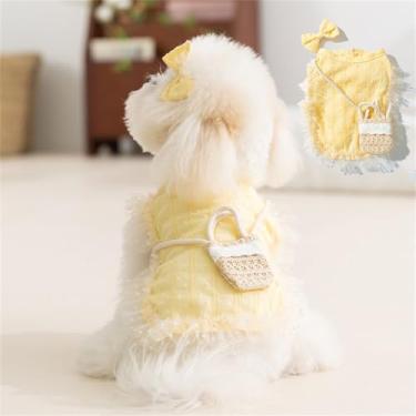 Imagem de ETOSEM Colete para cães com laço separado e bolsa de ombro de tecido, colete de saia com borda de renda, roupas de cachorro estilo princesa primavera e verão (amarelo, grande)