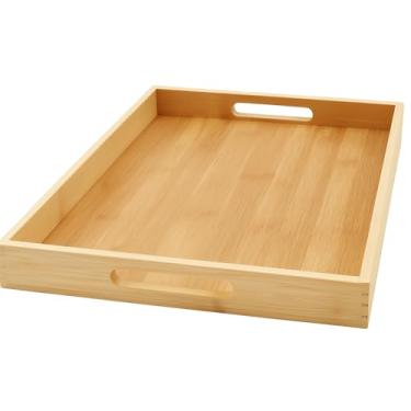 Imagem de Bandeja Retangular Com Alça Para Servir Café da Manhã Mesa Posta MDF E Bambu Grande Decorativa Multiuso 33x22x3cm