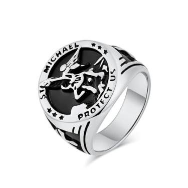 Imagem de FUTPLOR Anel de Sinete de São Miguel Santo Arcanjo San Miguel Cruz Anéis Aço Inoxidável Proteção Amuleto Masculino Feminino Joias, Aço inoxidável, Sem pedra preciosa