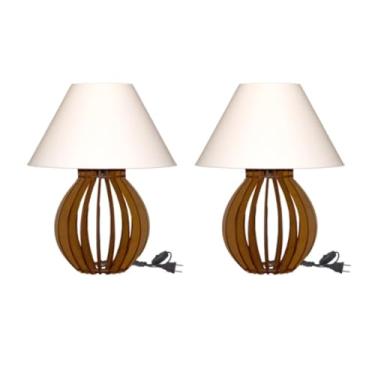 Imagem de Luminária de Mesa Abajur MDF, Base Ripada Marrom, Cúpula Branca, Kit com 2 Peças