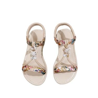 Imagem de RoseSeek Sandálias femininas trançadas de borboleta com tira no tornozelo sandálias planas verão praia férias sapatos, Bege, 12.5 Big Kid