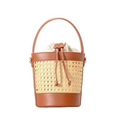 Imagem de Bolsa feminina de palha de tecido para praia, bolsa balde de verão, alça superior, bolsa de mão com cordão, bolsas de vime, P - Marrom