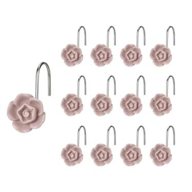 Imagem de SUQ I OME Ganchos decorativos de cortina de chuveiro, 12 peças de anéis de cortina de chuveiro de resina cinza rosa para banheiro e quarto de bebê