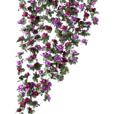 Imagem de GSHLLO 5 peças guirlanda artificial de 2,5 m de flor de rosa artificial de videira de videira de rosa falsa para decoração de videira de flor realista para casamento, Natal, roxo