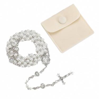 Imagem de 1 colar de contas de pérolas de vidro com epóxi milagroso coração contas de metal rosário pacote em saco de presente de veludo com joia Rosary Pray, 50cm, Zinco, Sem Pedra Preciosa
