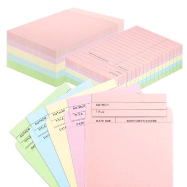 Imagem de 100 bolsos e cartões coloridos para biblioteca, 5 cores, cartões de check-out, biblioteca, cartão, bolso com 60 peças de pontos adesivos removíveis para livros de biblioteca pública (pastel)