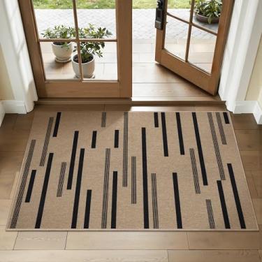 Imagem de Tangsoo Tapete de juta fácil com listras irregulares, ultrafino, 5 x 7 cm, tapete para entrada antiderrapante, lavável, tapete moderno, para cozinha, quarto, varanda, porta