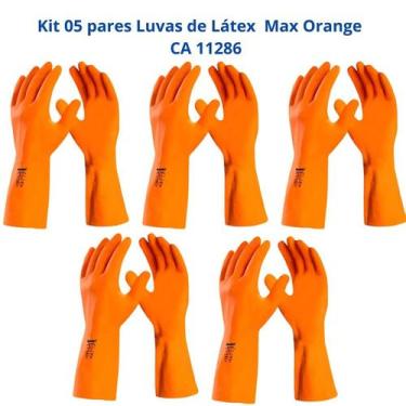 Imagem de Kit 5 Luvas Limpeza Látex Laranja Reforçada Forrada Max Orange DA208 D
