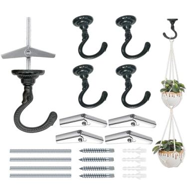 Imagem de Evsteluo Ganchos grandes para teto resistentes com kit completo de ferragens - Ideal para pendurar plantas, instalação de teto e drywall (4 conjuntos preto)