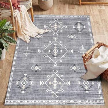 Imagem de ESSMOKO Tapete de área para sala de estar, estilo nórdico, moderno, tapete de quarto, tapete de lã artificial, lavável na máquina, fácil de cuidar, 180 * 275 cm, padrão de diamante cinza