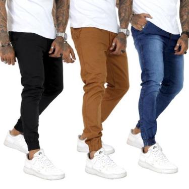 Imagem de Kit Com 3 Unid Calça Joguer Sarja Masculina Preto Azul Bege - Apollogy