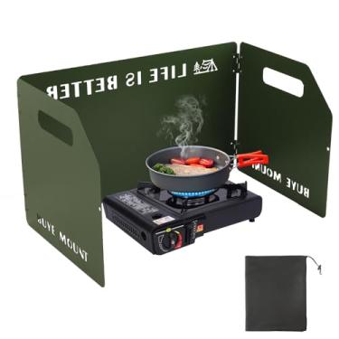 Imagem de Pára-brisas de fogão de acampamento ao ar livre: Bloqueador de vento dobrável de aço de 3 painéis GEEKHOM com bolsa de cordão para fogões a gás/butano - leve para caminhadas, piquenique e mochilão