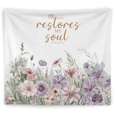 Imagem de WNAGT Tapeçaria de parede cristã de flor, tapeçaria de versículo da Bíblia, He Restores My Soul Psalm 23:3 Escritura religiosa cobertor de parede para quarto de meninas quarto dormitório casa, 127 x