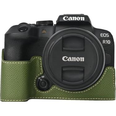 Imagem de Capa R10, capa BMAOLLONGB feita à mão de couro de fibra de carbono PU para meia câmera versão com abertura inferior para Canon Eos R10 com alça de mão (verde)