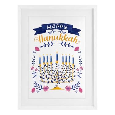 Imagem de Stupell Industries Impressão floral Menorah Happy Hanukkah branca emoldurada sob vidro design por JJ Design House LLC, 23 x 17