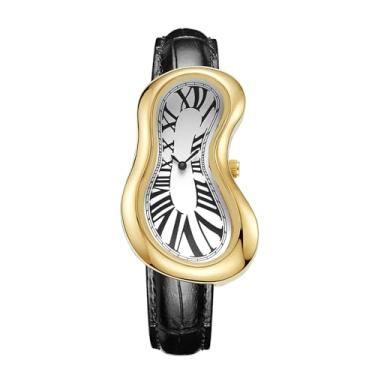 Imagem de PINTIME Relógio de pulso de aço inoxidável Melting Art – Relógio surreal masculino com algarismos romanos, design exclusivo com mostrador distorcido, relógio social casual para negócios, Dourado