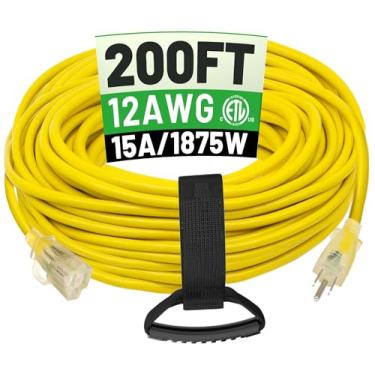 Imagem de POWGRN Cabo de extensão externo de 61 m, 12/3, impermeável, resistente, com extremidade iluminada, calibre 12, 3 pinos, cabo de alimentação longo flexível resistente ao frio, externo, 15 Amp 1875 W