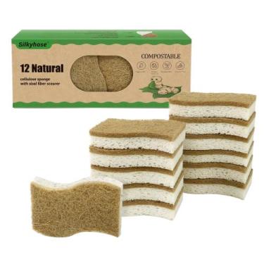 Imagem de Esponja de cozinha Silkyhose biodegradável natural, pacote com 12