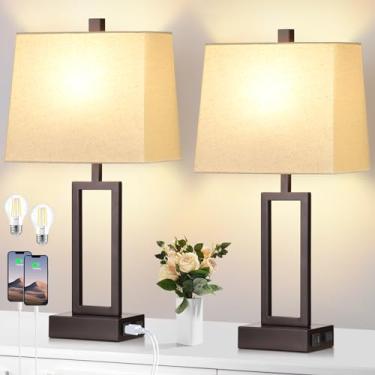 Imagem de Lolikit Candeeiros de mesa com controle de toque de 59,7 cm, luminária de cabeceira de metal para quarto, conjunto de 2 com portas USB A+C e tomada CA, luminária de cabeceira regulável de 3 vias para