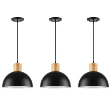 Imagem de QianZhan Pacote com 3 lâmpadas pendentes de madeira maciça, modernas e pretas foscas, luminárias com cúpula ajustável, para cozinha, ilha, sala de jantar, restaurante, escritório, casa de fazenda