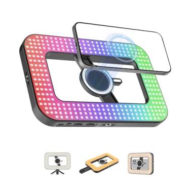 Imagem de Anel de luz magnética dupla face com mini tripé, luz de selfie RGB recarregável 448 LED 6000 mAh para iPhone, estabilizador portátil com luz para Magsafe/telefones/gravação de vídeo/maquiagem/fotos