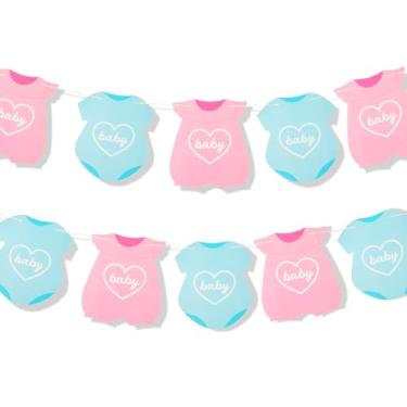 Imagem de Bandeiras de chá de bebê azul rosa, faixa reveladora de gênero, bodies de manga curta, guirlanda de varal para aniversário, nova festa de bebê, roupas para meninas, meninos, decorações de papel