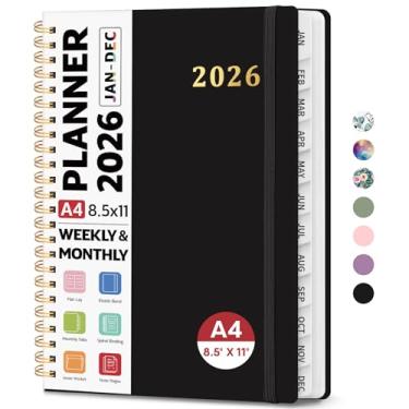 Imagem de Agenda 2026 21,6 cm x 28 cm, agenda semanal e mensal, janeiro de 2026 a dezembro de 2026, agenda espiral de capa dura com abas mensais, páginas de notas, perfeito para mulheres e homens, A4 - preto