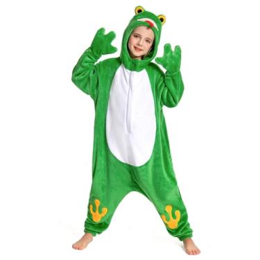 Imagem de OLAOLA Macacão infantil de animal, unissex, pijama de cosplay de pelúcia para meninas e meninos, roupa de dormir de uma peça fantasia de Halloween, Sapo, 10-12 Years
