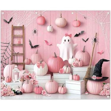 Imagem de ZTHMOE Tecido 3 x 2,4 m rosa cenário de fotografia de Halloween Boo desenho animado bonito fantasma assustador abóboras fundo meninas crianças aniversário chá de bebê decoração festa foto cabine