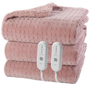 Imagem de Dowin Cobertor aquecido rosa King Size - Cobertores elétricos waffle com controle duplo, 5 níveis de aquecimento, 10 horas de desligamento automático, cobertor de flanela sherpa para cama, lavável na