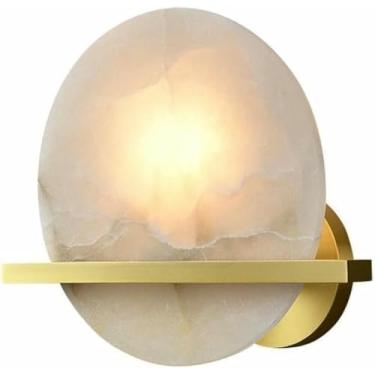 Imagem de Candeeiro de parede estilo francês lâmpadas de parede redondas naturais mármore claro nórdico ouro arandelas de cobre completo para quarto sala de estar