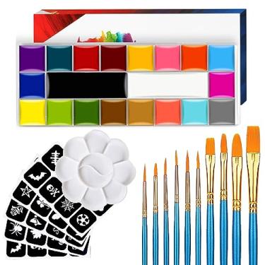 Imagem de Pintura facial, pintura facial de 20 cores - kit de pintura facial, kit de pintura facial à base de óleo para festa infantil com 10 pincéis, 5 estênceis de adesivos e bandeja de tinta, tinta corporal