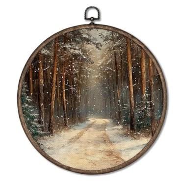 Imagem de Giosve Pôster emoldurado em tela de parede vintage floresta de inverno redondo, rústico retrô fazenda, pinheiro, inverno, paisagem nevada, esculturas de parede penduradas para decoração de casa