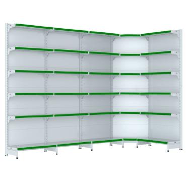 Imagem de Gondola Parede 202 Fit Farmacia Ate 4 M Bco 1 Canto Pe Verde